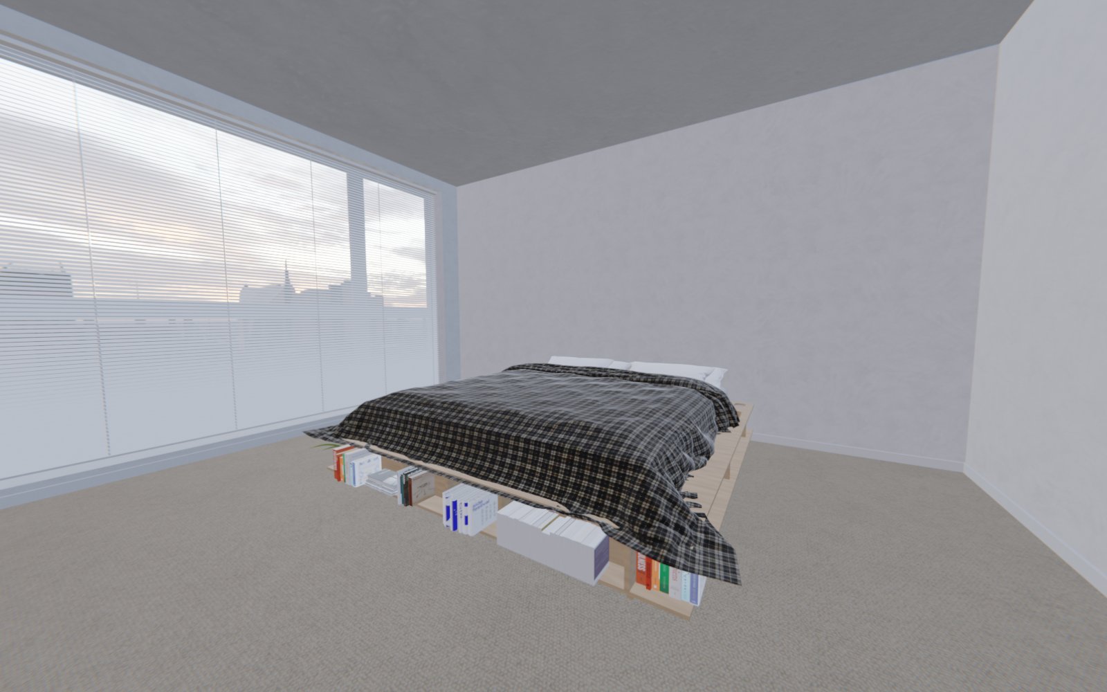 Wide establishing shot of the bed frame in its bedroom setting
